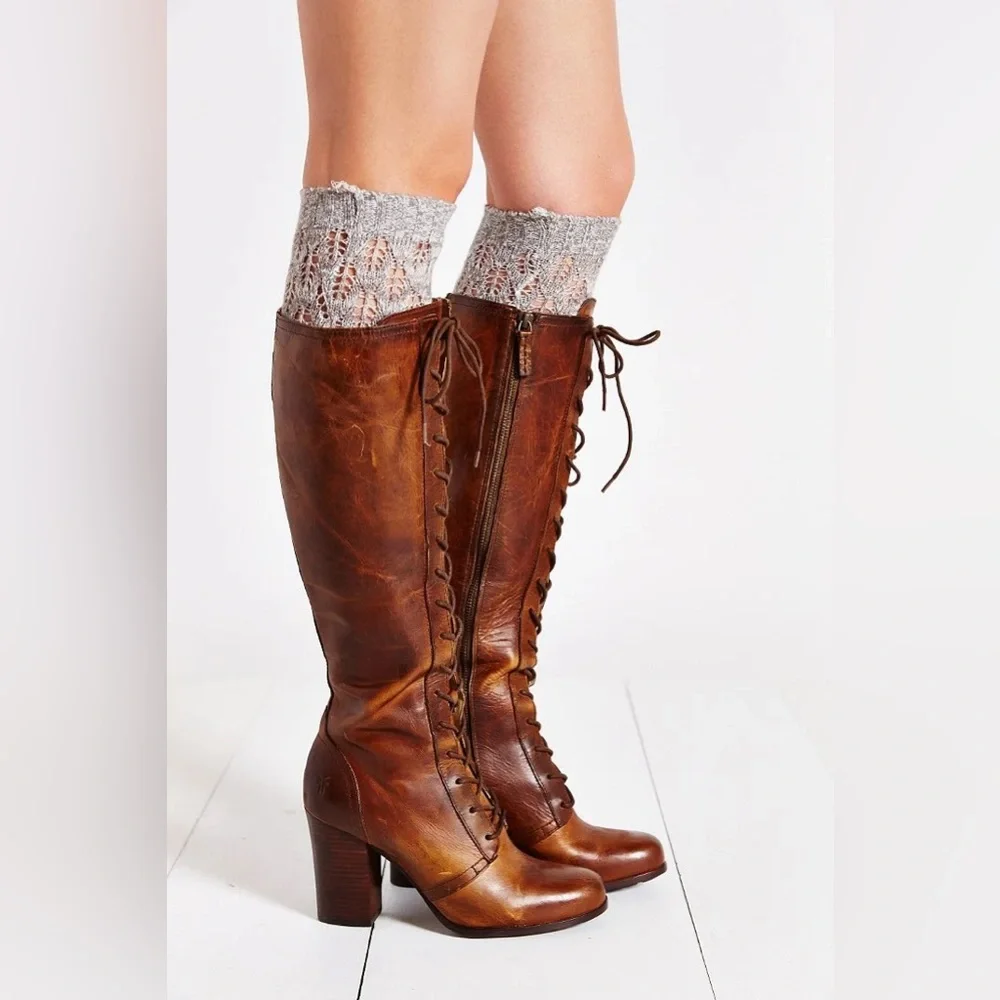 $699 Frye Parker Lace-Up Victorian Brown Leather Tall Bohemian Knee High Boot - Picture 2 of 16